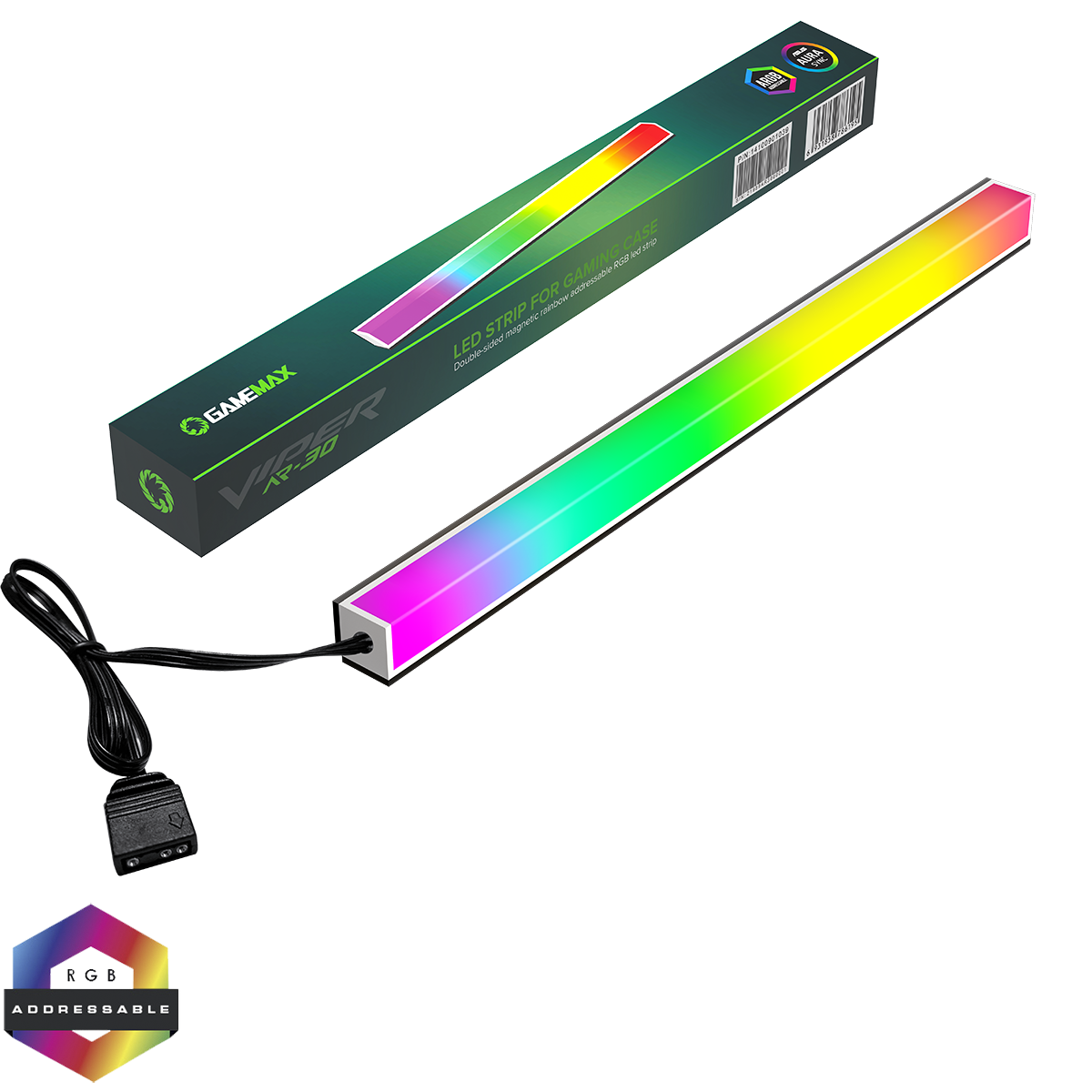 gmxaccar30viperargbstrip.png GameMax Viper AR-30 Double-Side Magnetic ARGB LED Strip — 300 mm 📏 | 30 Addressable LEDs ✨ | 5V 3-Pin AURA Sync 🔌 - Image 1